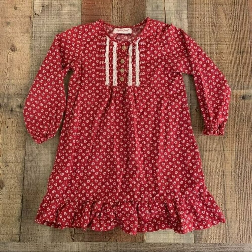 Lydia Jane Girls Red Floral Long-Sleeve Dress With Lace Detailing & Ruffle Hem